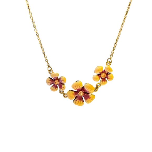 Three Flower Enamel Necklace Colorful Pendant Boho Floral Jewelry Gift - Picture 2 of 11